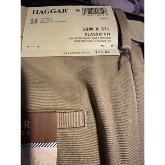 Haggar Mens Classic Fit Flat Front Premium No Iron Khaki Pants 38W X 31L NWT - Picture 2 of 6